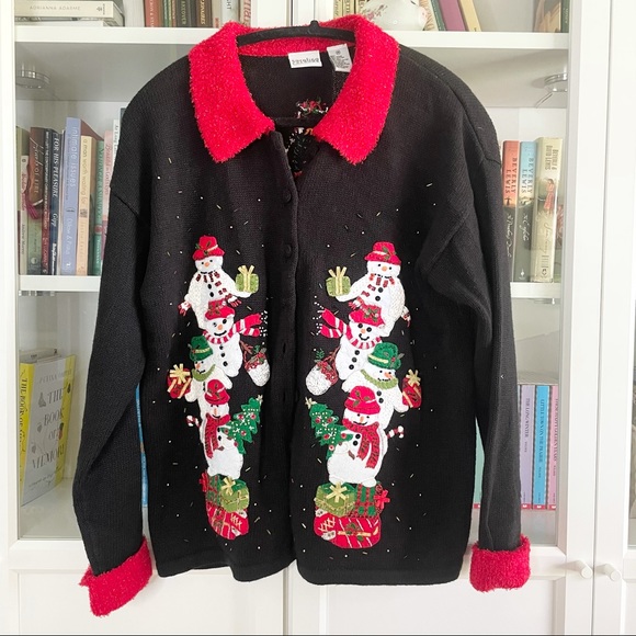 Vintage Snowman Christmas Cardigan Sweater M - Picture 2 of 15
